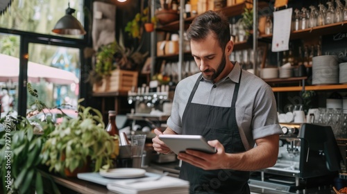 Man in restaurant tablet and inventory check small business