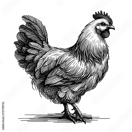 Detailed Black and White Illustration of a Chicken Standing, white background