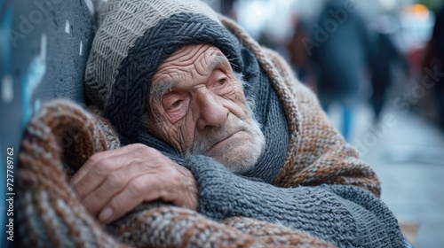 Old homeless man wearing sweater and blanket sleeping on cardboard seeking help because hungry and food beggar from people walking pass on street. Poor man homeless and depression concept.