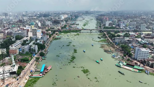 Buriganga River Sadarghat Aerial view,An Aerial Escape to Dhaka's Tranquil Waterscape photo