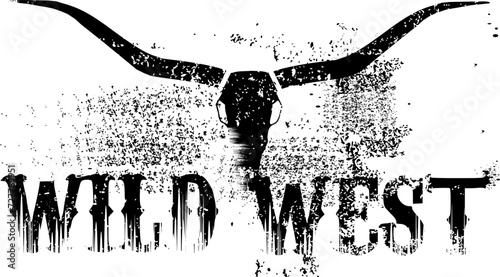 Vektor Western Grunge Textur Silhouette - Hörner Longhorn Wildwest Schriftzug - Western Design Element