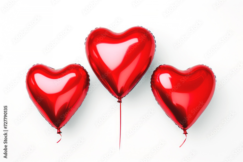 Set of red heart shaped foil balloons on white background. Love, valentines day or party banner design with heart balloons.