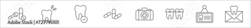 outline set of dental line icons. linear vector icons such as pills, toothache, teeth, capsule, first aid kit, braces, , mail