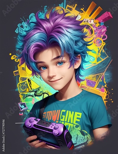 colored haired boy with headphones