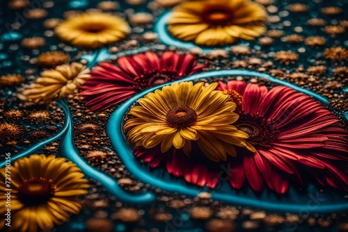 Ultra-HD photograph highlighting the graceful fusion of vibrant liquids, forming an eye-catching modern artwork with understated flower patterns