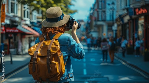 Woman Capturing City Street Scene photo