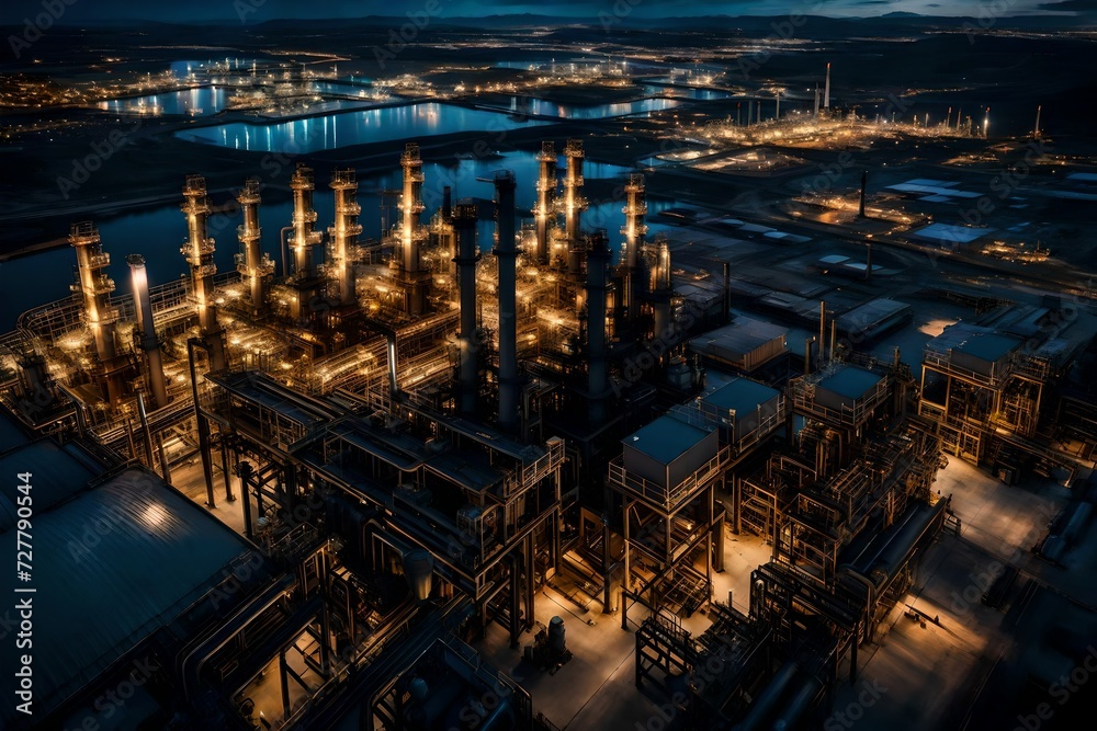 A top-down view of an oil refinery at twilight, with lights illuminating the complex and creating a stunning contrast against the darkening sky.