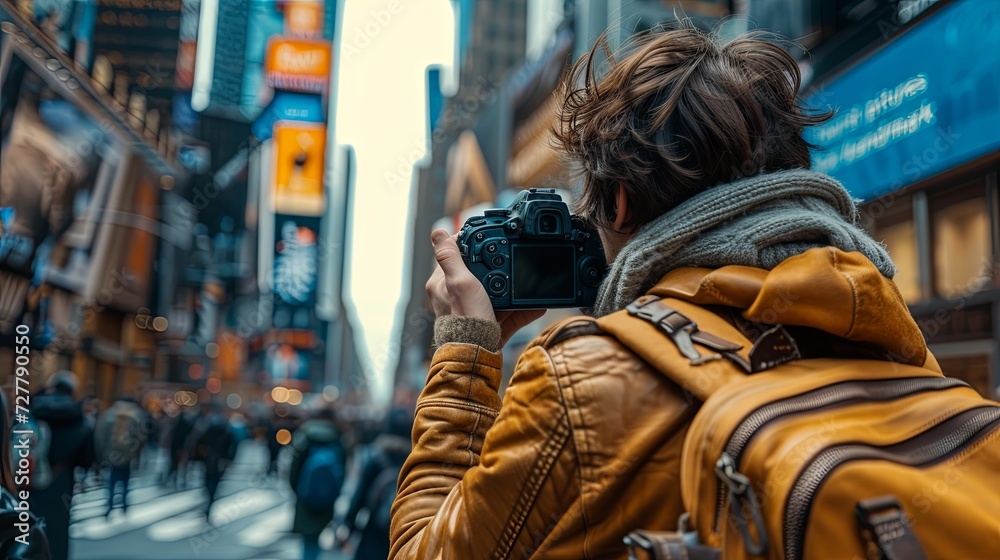 Woman Photographing City Street