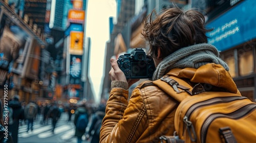 Woman Photographing City Street
