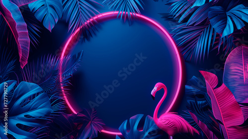 Glowing neon light with tropical monstera leaf and pink flamingo. Leaves and branches of palm trees. Generative AI. Neon frame blank space for text, flat lay, view from above
