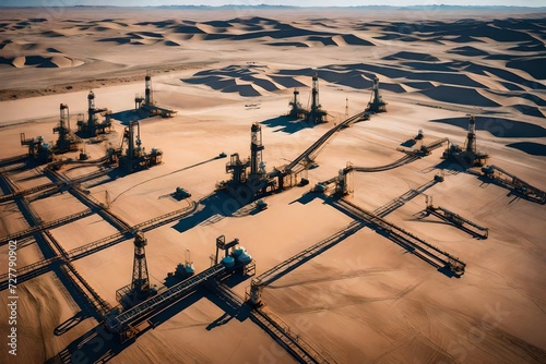 An overhead view of a desert oil field at dawn, with pumpjacks and pipelines creating a geometric pattern on the earth, capturing the solitude of the landscape.