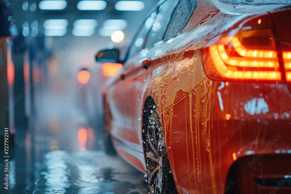 Close-Up of Red Car on Wet Street Close-Up of Red Car on Wet Street