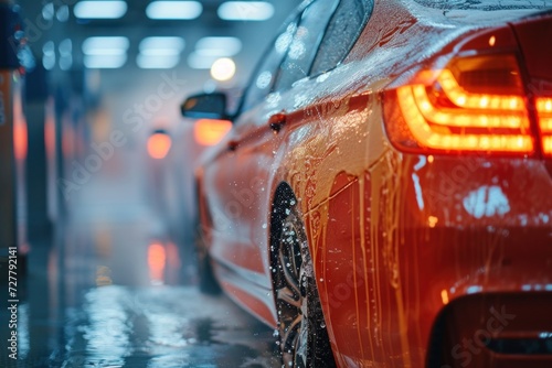 Close-Up of Red Car on Wet Street © lublubachka
