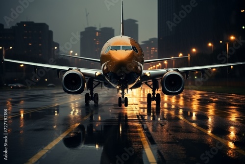 Shimmering civil aircraft with vibrant lights on runway against stunning urban cityscape photo