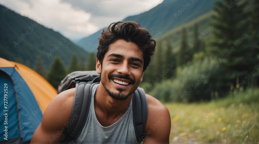 Portrait of a happy smiling handsome young hispanic man on camping site at the mountain with a tent on the background from Generative AI