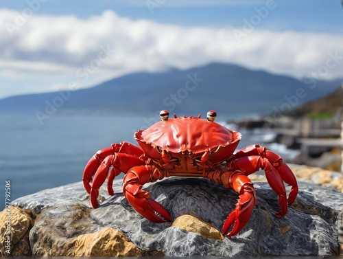 Red crab on stone with sea and mountains background from Generative AI © Arceli