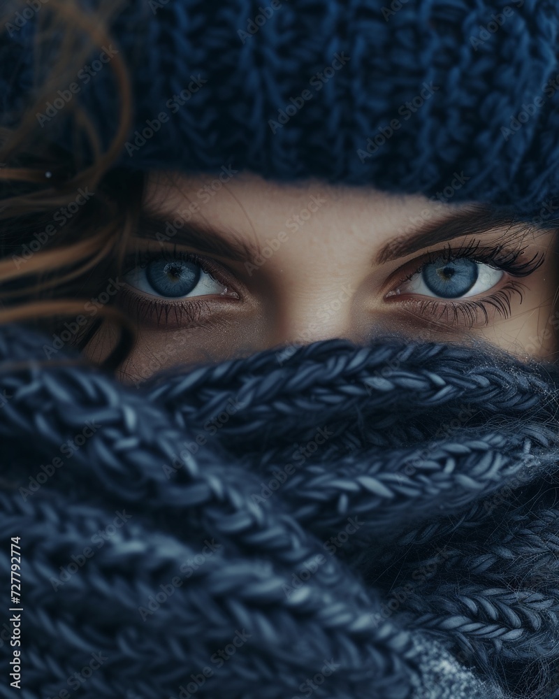 Close Up of Person Wearing Blue Hat and Scarf