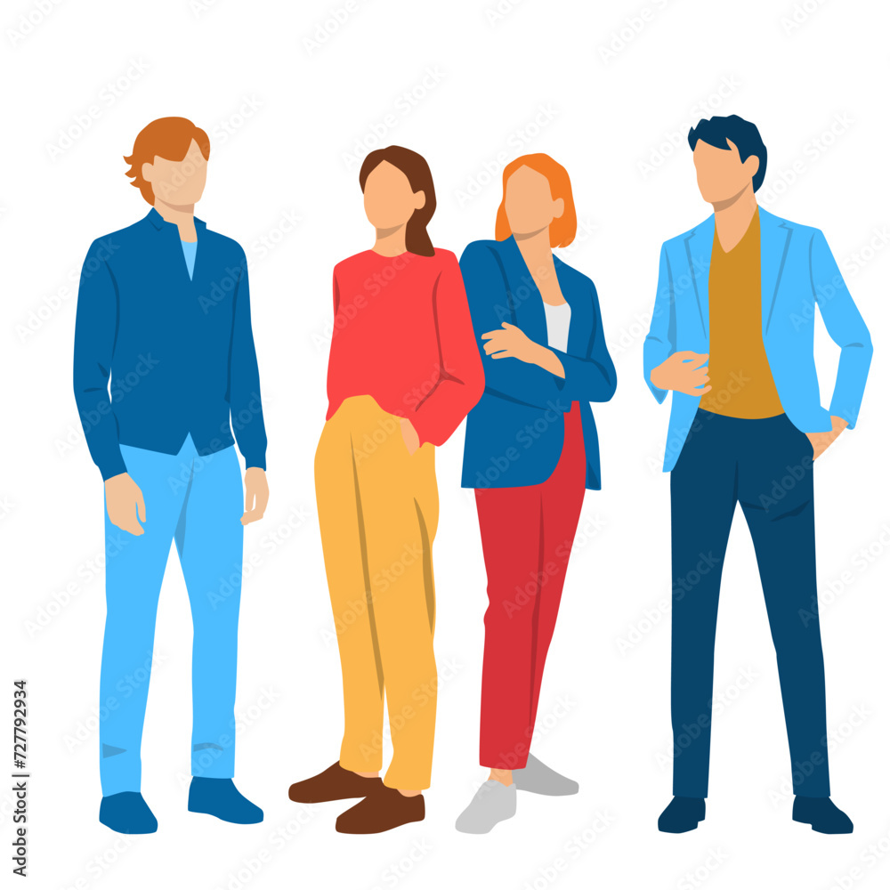  Set of young men and women , different colors, cartoon character, group of silhouettes of standing business people, students, design concept of flat icon, isolated on white background