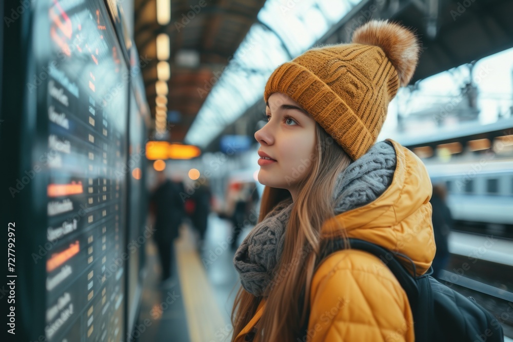 woman wearing a yellow coat and a brown hat stands in front of a city backdrop woman wearing a yellow coat and a brown hat stands in front of a city backdrop