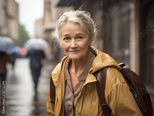 Older woman walking back to school in city street, a rainy day from Generative AI © Arceli