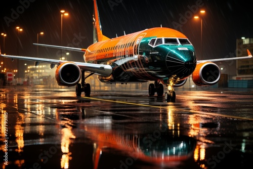 Shimmering civil aircraft with vibrant lights on runway against stunning urban cityscape