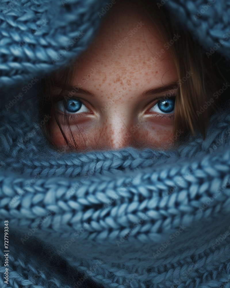 Woman With Blue Eyes Wrapped in Blanket Woman With Blue Eyes Wrapped in Blanket