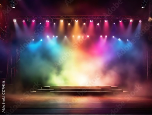 Empty scene with rainbow stage spotlights  warm centered colored light and smoke from Generative AI