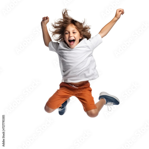 A laughing boy jumping isolated on white or transparent background