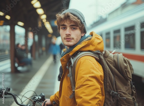 Young Man With Backpack and Bicycle at Train Station