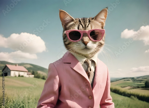 cat with a human body dressed in a suit and sunglasses Ai Generated