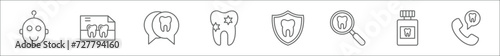 outline set of dental line icons. linear vector icons such as baby, x ray, chat, caries, shield, magnifying glass, mouthwash, call