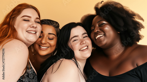 multiethnic Close up portrait of group of plus sized women standing together smiling