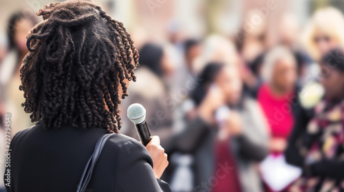 rea  view of african woman with microphone leading event for women's day photo
