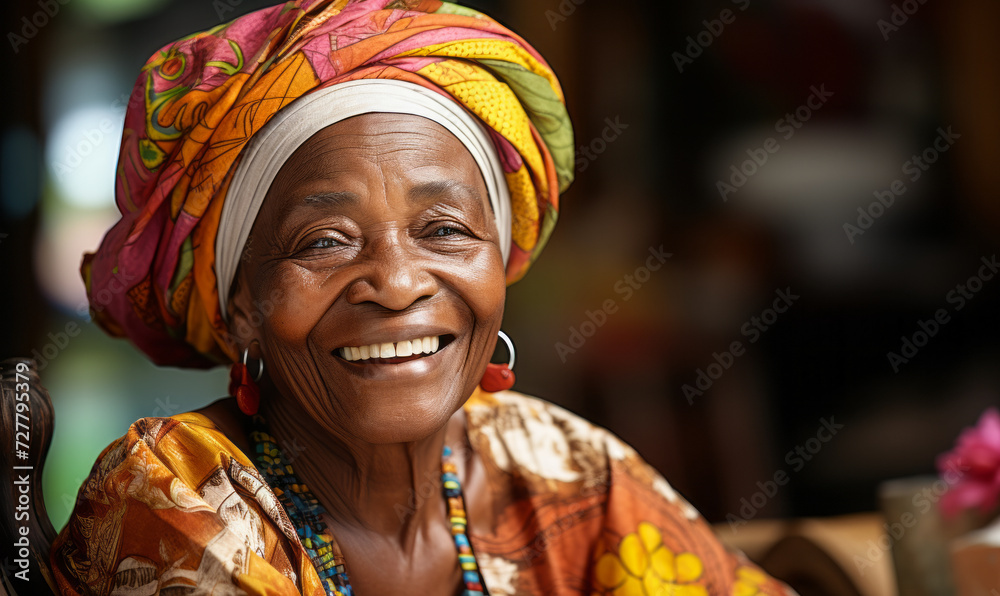 Joyful elderly African woman with a radiant smile, wearing a traditional headscarf and colorful attire, embodying wisdom and happiness