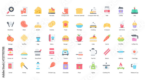 Breakfast Flat Icons Food Coffee Porridge Iconset 50 Vector Icons