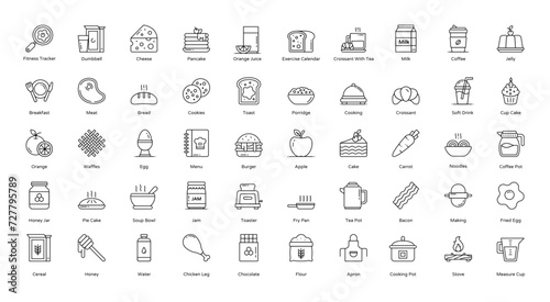 Breakfast Thin Line Icons Food Coffee Porridge Iconset in Outline Style 50 Vector Icons in Black