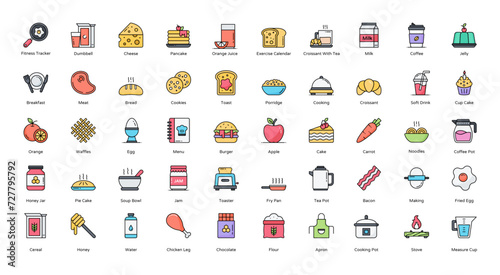 Breakfast Colored Line Icons Food Coffee Porridge Iconset in Filled Outline Style 50 Vector Icons
