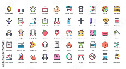 Workout Filled Line Icons Fitness Cardio Gym Iconset in Colored Outline Style 50 Vector Icons 