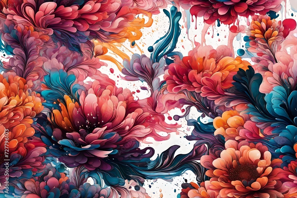 A stunning high-resolution illustration capturing the mesmerizing blend of vibrant liquid splashes on a clean canvas, enhanced by the presence of modern flower motifs