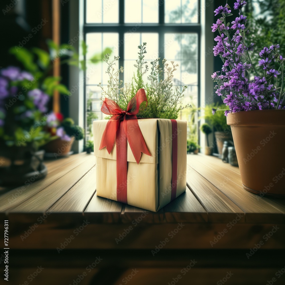 A gift at the flower store. Surprise with a bow and ribbon for gardeners to your garden. A promotional campaign for the buyer. Presentation, advertising campaign, post, banner. Social media, bg A gift at the flower store. Surprise with a bow and ribbon for gardeners to your garden. A promotional campaign for the buyer. Presentation, advertising campaign, post, banner. Social media, bg