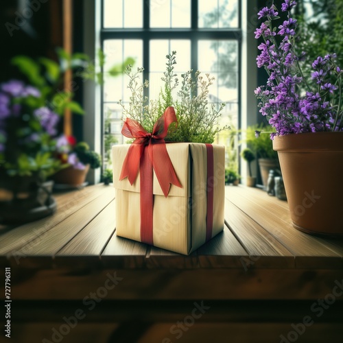 A gift at the flower store. Surprise with a bow and ribbon for gardeners to your garden. A promotional campaign for the buyer. Presentation, advertising campaign, post, banner. Social media, bg