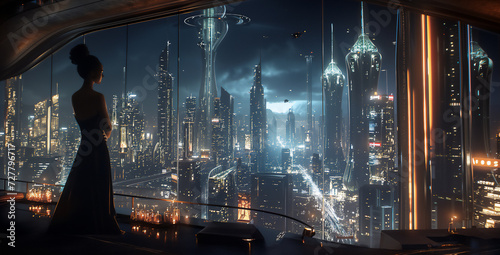 Elegant Woman Contemplating a Futuristic Cityscape at Night  Future Rich