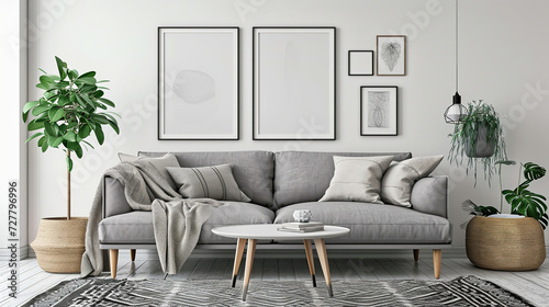 living room minimalist cozy Scandinavian style. grey sofa  pillows
