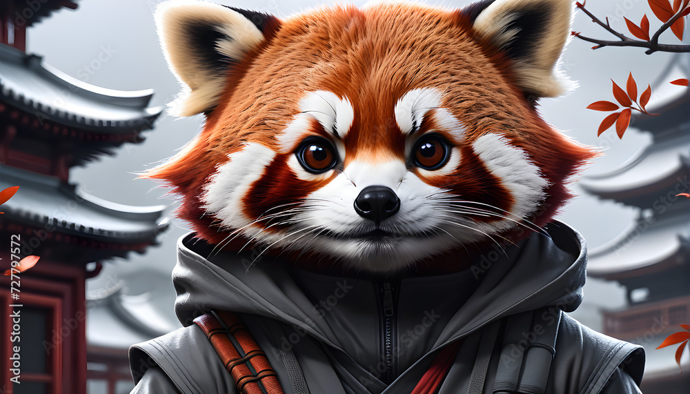 Obraz premium Enchanting Radiance: Red Panda Ninja's Spectrum of Colors and Mysterious Armament.(Generative AI) 