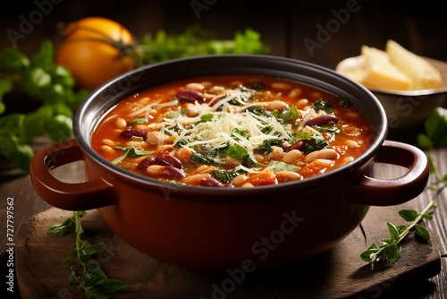 Hearty Minestrone Comfort: A Warm Bowl of Minestrone Soup, Enriched with Fresh Greens and Topped with Shavings of Parmesan for a Satisfying and Flavorful Meal