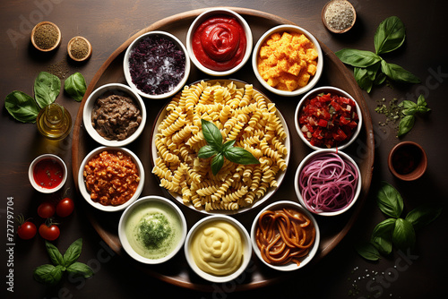 Vibrant Pasta Creations: Colorful Pasta Dishes Adorned with a Variety of Savory Sauces, Offering a Flavorful Feast for the Senses