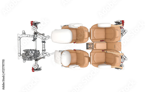 Details of the car seat with airbags and brakes, Top view, 3D render
