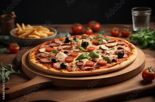 A big pizza displayed on the wooden tray
