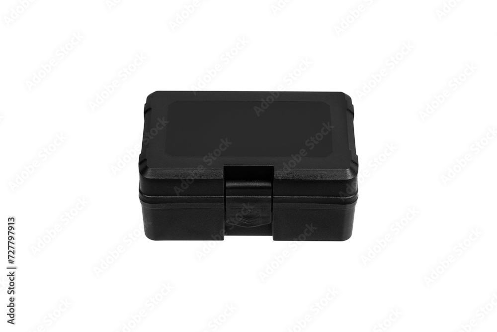 Black plastic container with foam inside for safe storage and transportation of fragile and expensive items. Sturdy plastic case. Isolate on a white back.