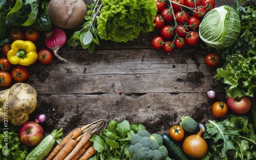 A bountiful assortment of fresh garden vegetables on a wooden background with copy space for text.